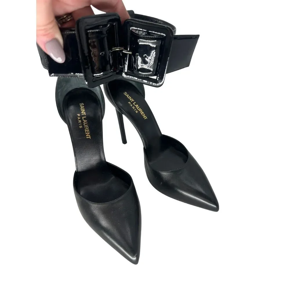 Saint Laurent Leather Pointed Toe Ankle Strap Pump Heels Black Women's Size 38.5